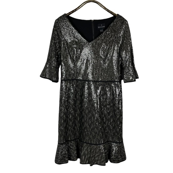 SHANI S-2025 SEQUIN RUFFLE HALF SLEEVE GRAY SILVER HOLIDAY COCKTAIL DRESS - Picture 4 of 14